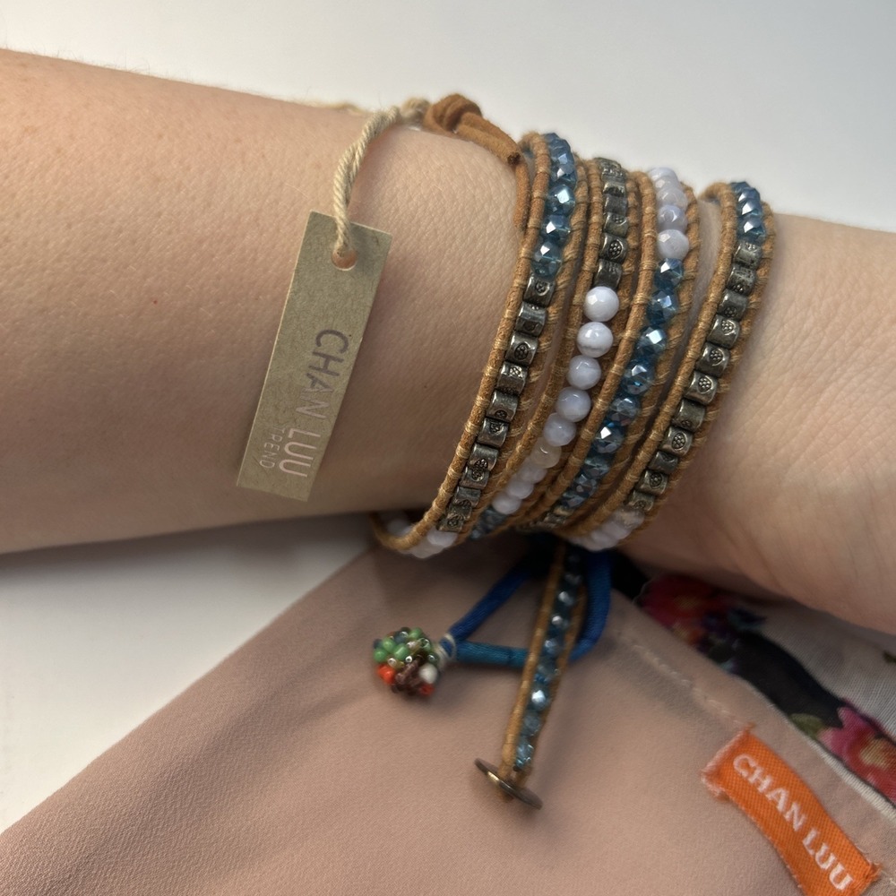 NWT Chan Luu Beaded Leather Wrap Bracelet Coastal Boho Vibes With Original Pouch